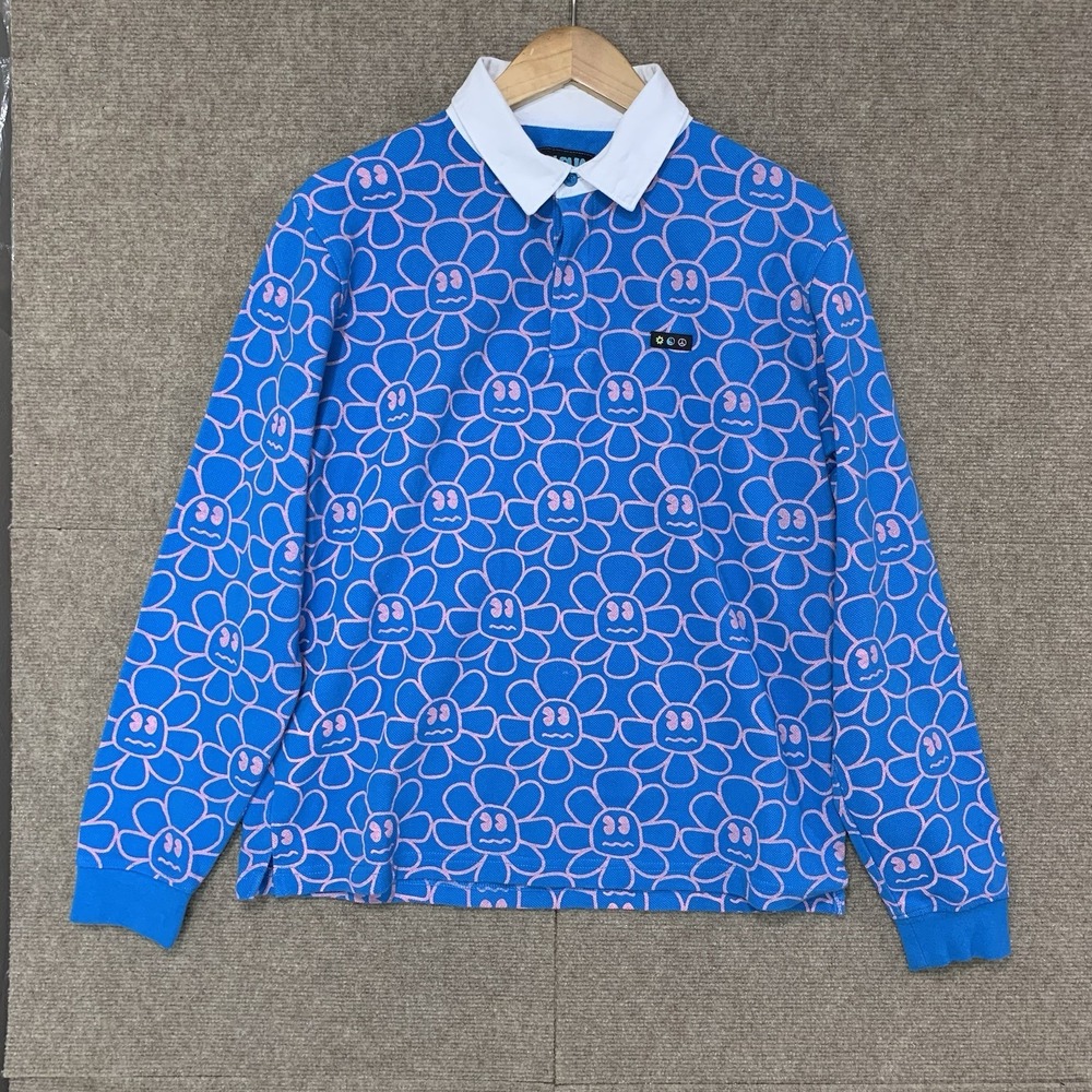 ALab Men's Blue Pink Floral Long Sleeve M Rugby Shirt Polo Y2K Skater Streetwear